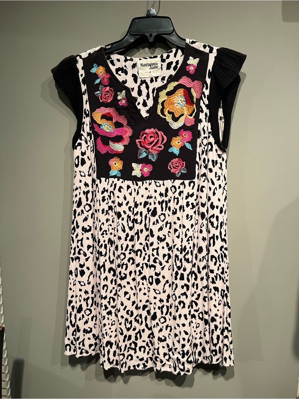Savanna Jane Black & Pink Leopard Embroidered Floral Dress